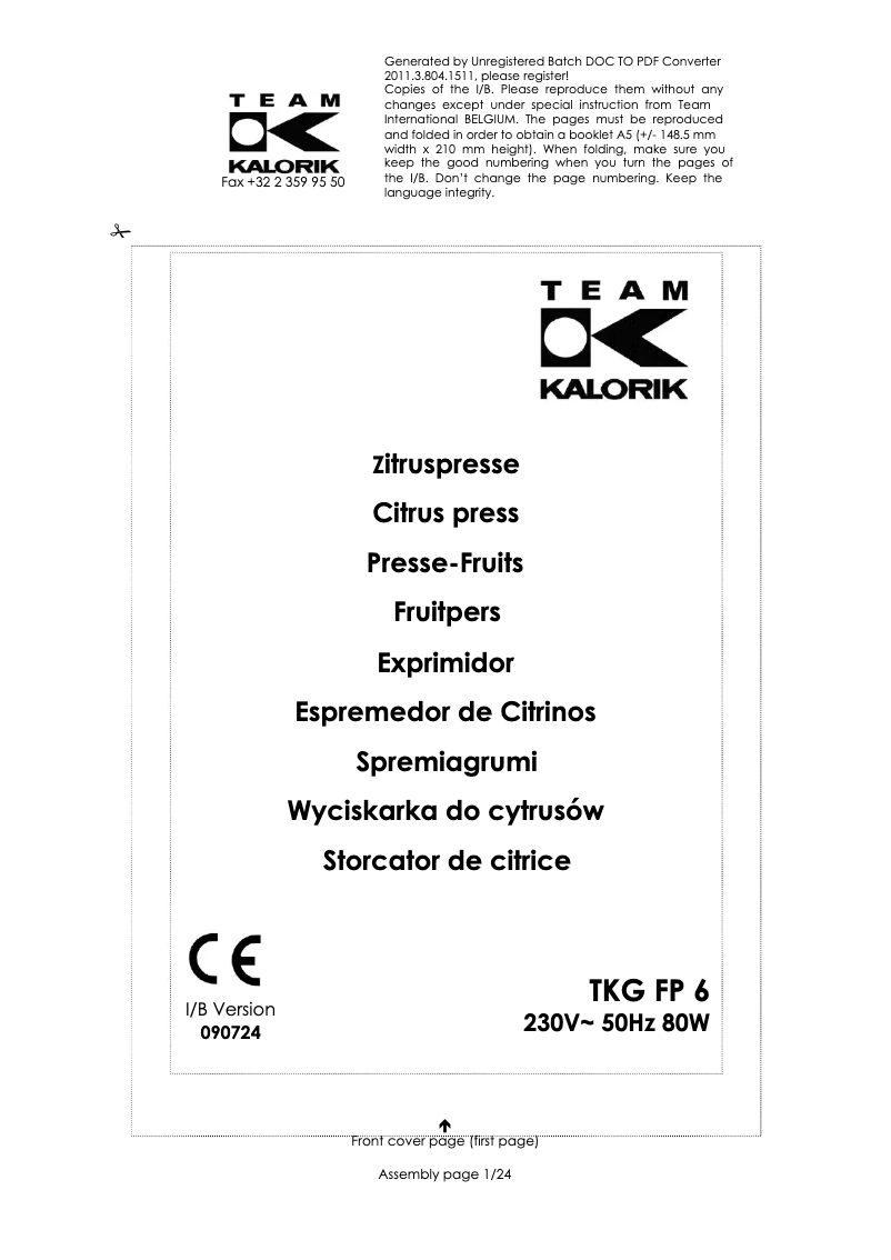 Page 1 de la notice Manuel utilisateur Kalorik TKG FP 6