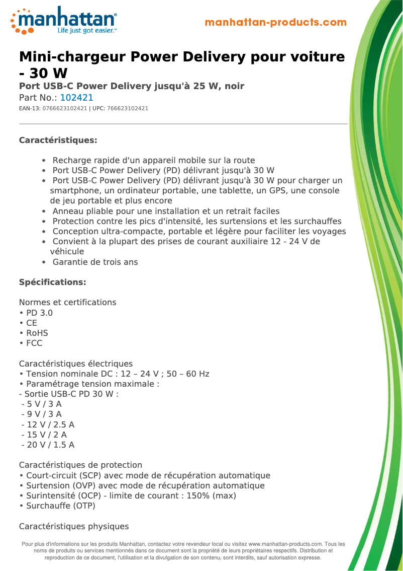 Page 1 de la notice Fiche technique Manhattan 102421
