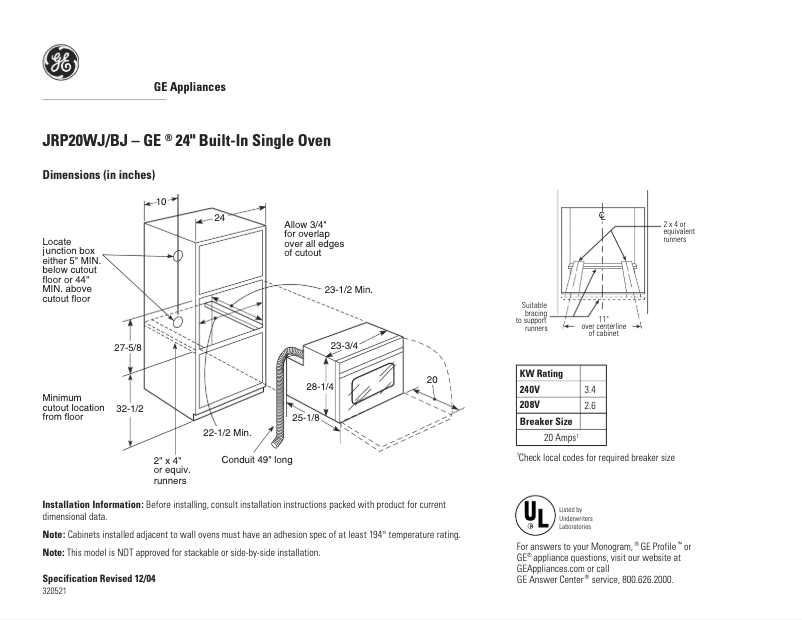 Page n°1 - Fiche technique GE JRP20WJWW
