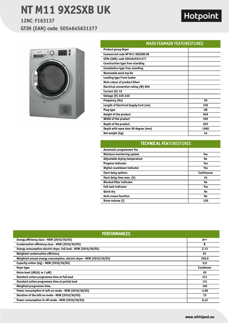 Page 1 de la notice Fiche technique Hotpoint NT M11 9X2SXB UK