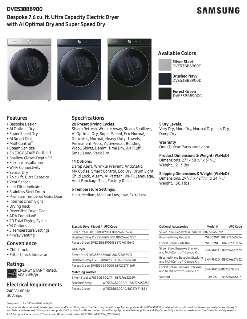 Page 1 de la notice Fiche technique Samsung DVE53BB8900T