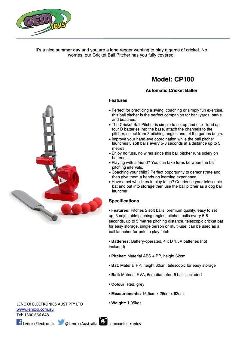 Page 1 de la notice Fiche technique Gem Toys CP100