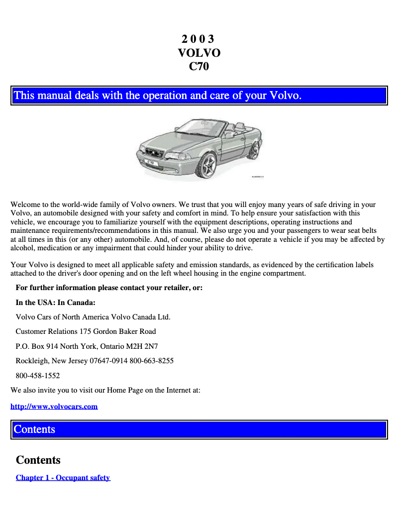 Page 1 de la notice Manuel utilisateur Volvo C70 (2003)