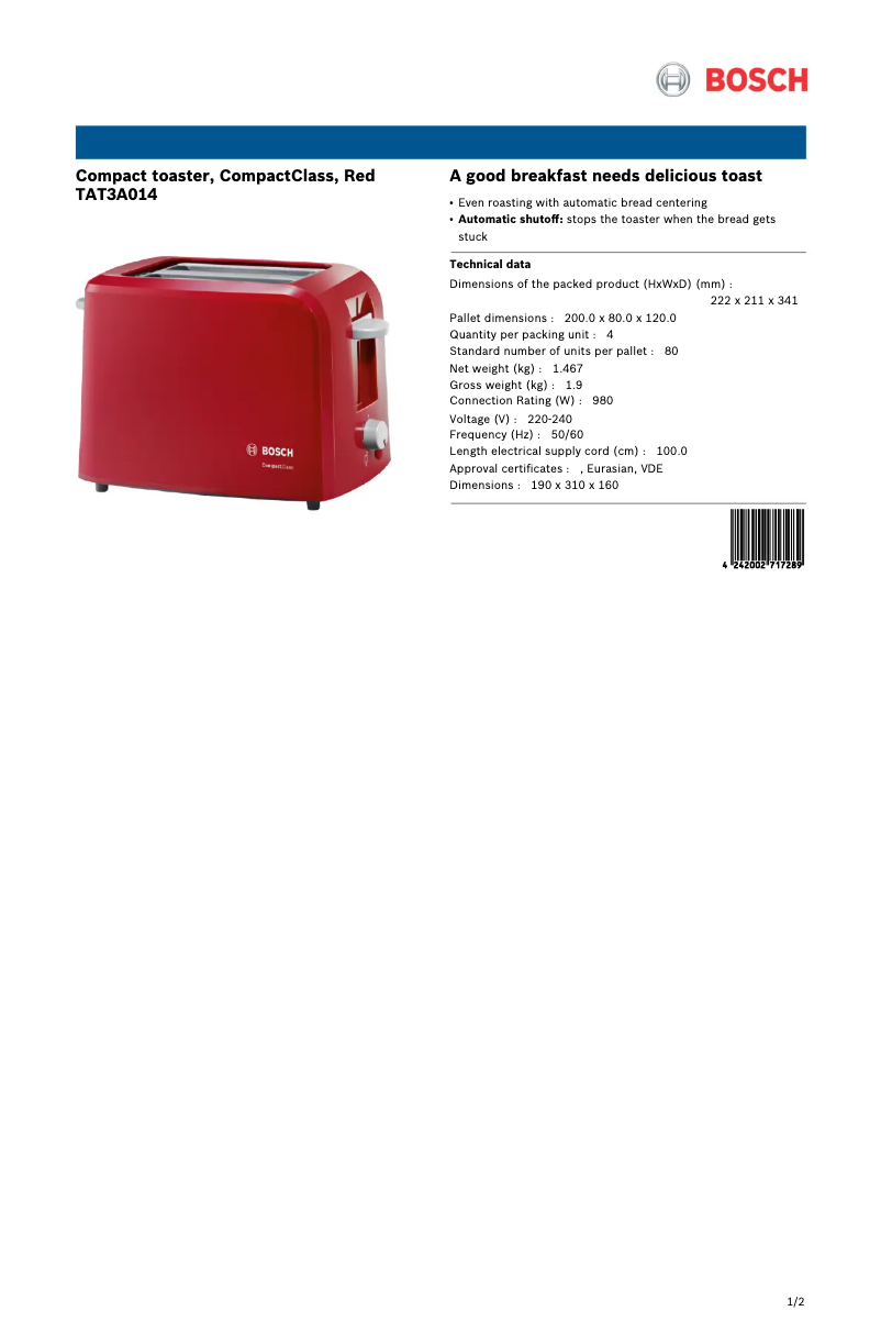 Page 1 de la notice Fiche technique Bosch TAT3A014