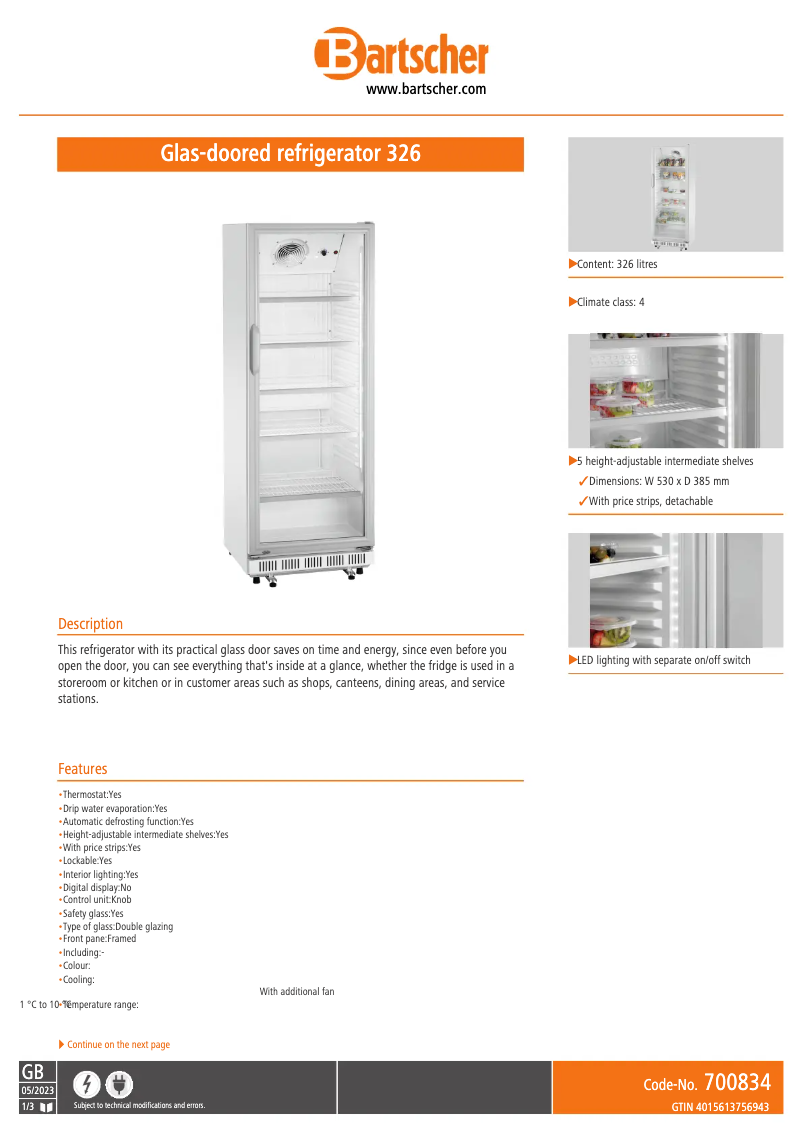 Page 1 de la notice Fiche technique Bartscher 700834
