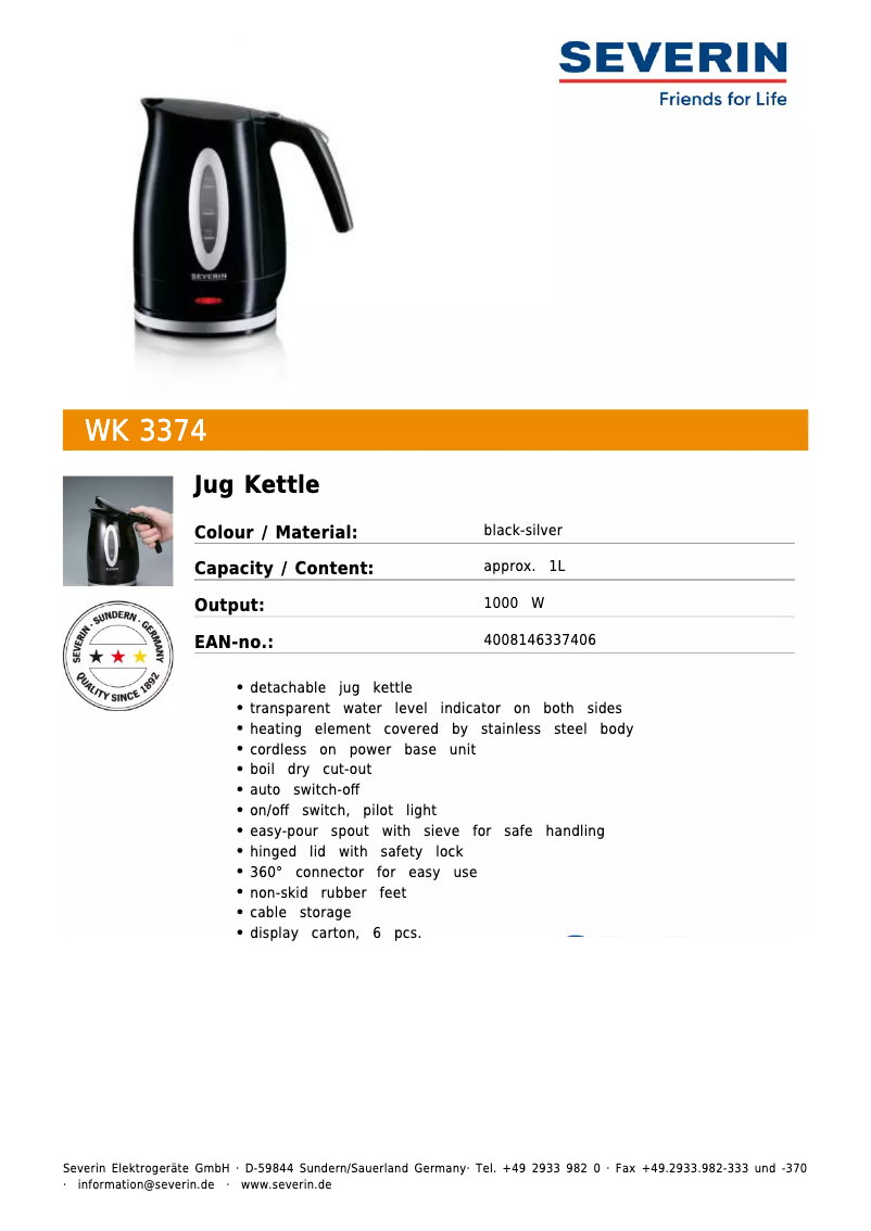 Page 1 de la notice Fiche technique Severin WK 3374