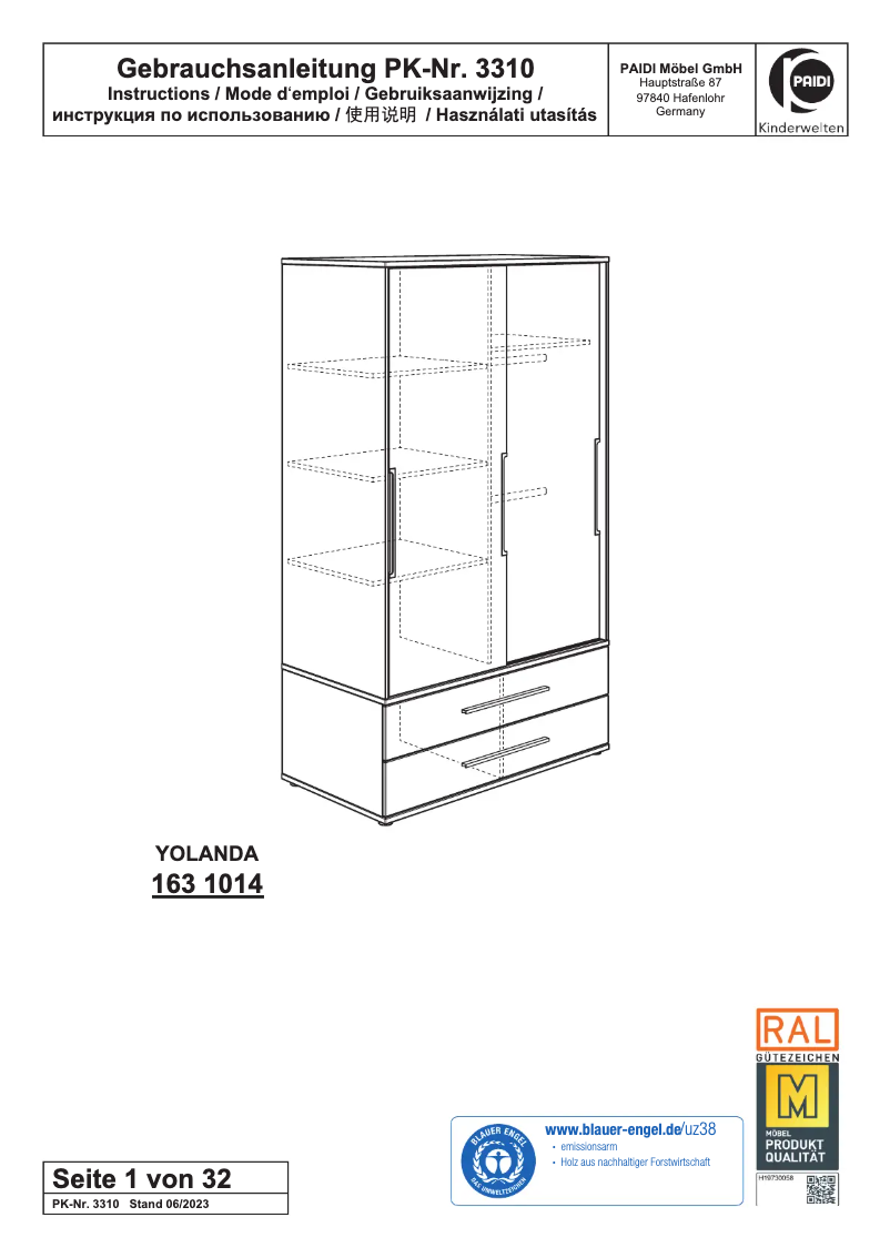 Page 1 de la notice Manuel utilisateur Paidi Yolanda