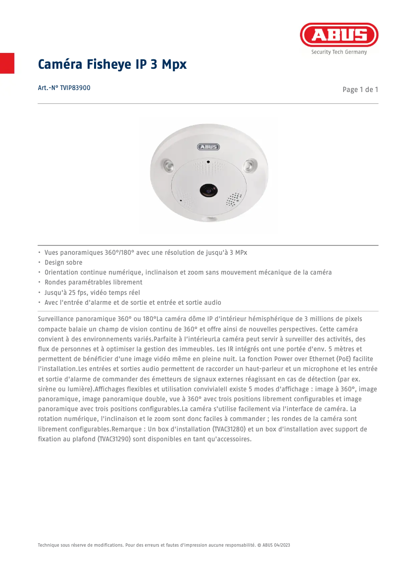 Página 1 del manual Ficha técnica Abus TVIP83900
