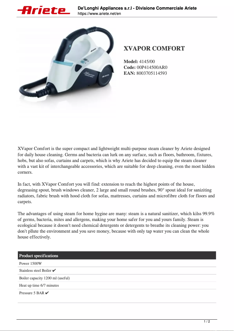 Image de la première page du manuel de l'appareil XVapor Comfort 4145