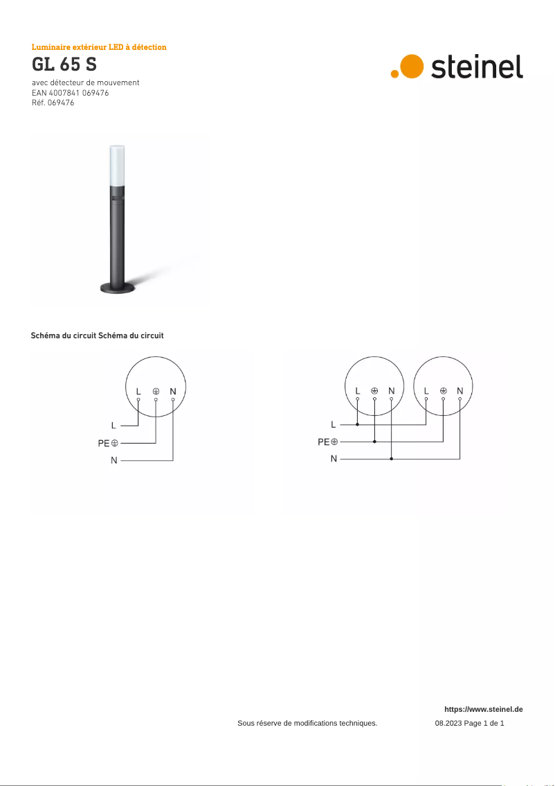 Page 1 de la notice Schéma de câblage Steinel GL 65 S