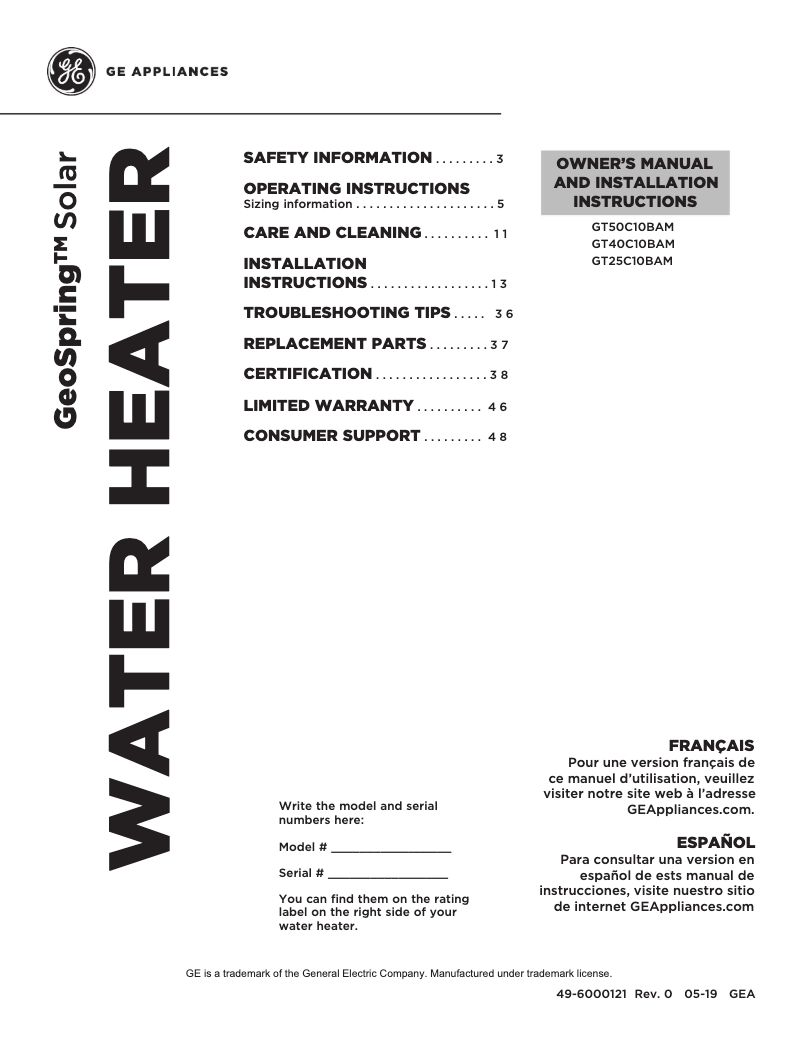 Page 1 de la notice Guide d'installation GE GeoSpring GT25C10BAM