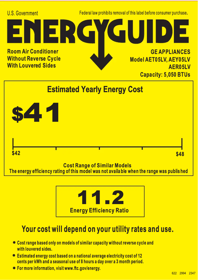 Page 1 of the manual Energy Label GE AET05LV