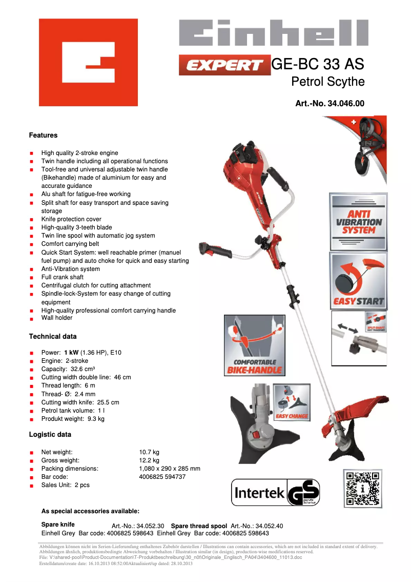 Page n°1 - Fiche technique Einhell GE-BC 33 AS