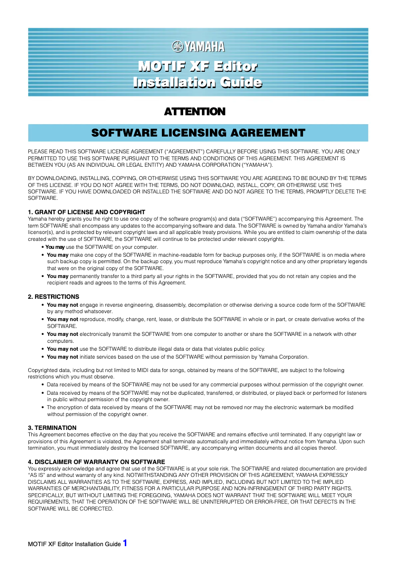 Page 1 de la notice Guide d'installation Yamaha Motif XF8