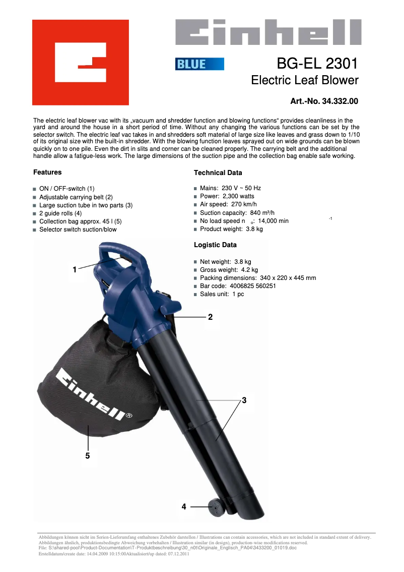 Page 1 de la notice Manuel utilisateur Einhell BG-EL 2301