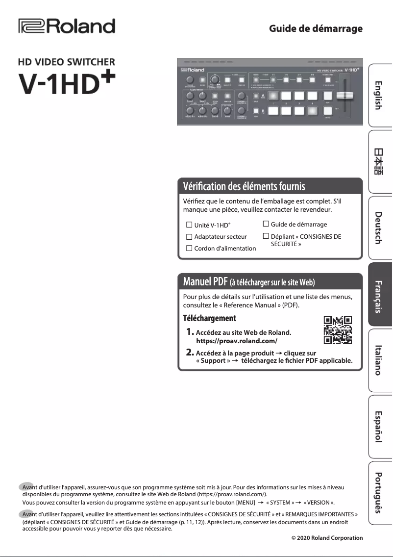 Page 1 de la notice Guide d'installation Roland V-1HD+