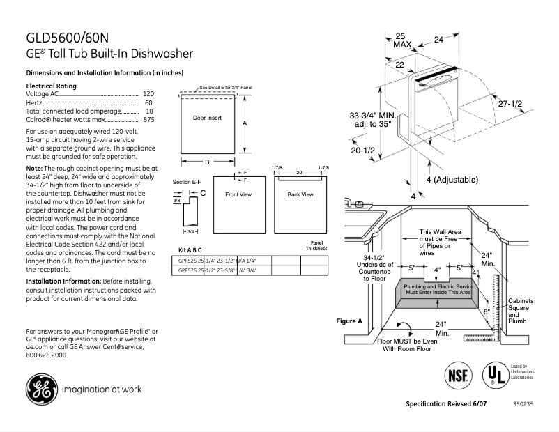 Page 1 de la notice Fiche technique GE GLD5600NBB