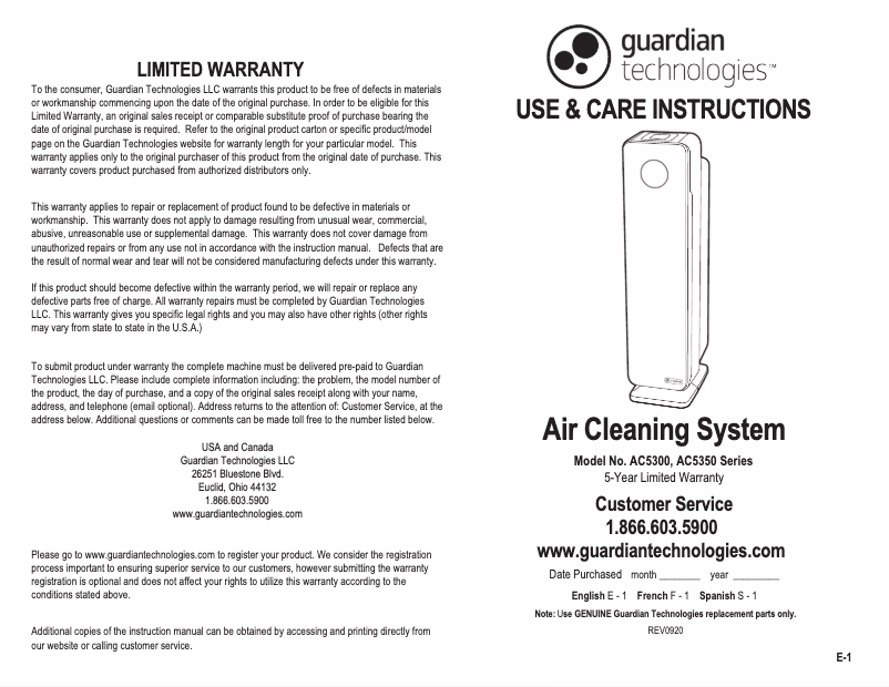 Page n°1 - Manuel utilisateur GermGuardian AC5300