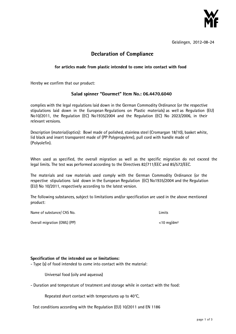 Page 1 de la notice Manuel utilisateur WMF Gourmet 06.4470.6040