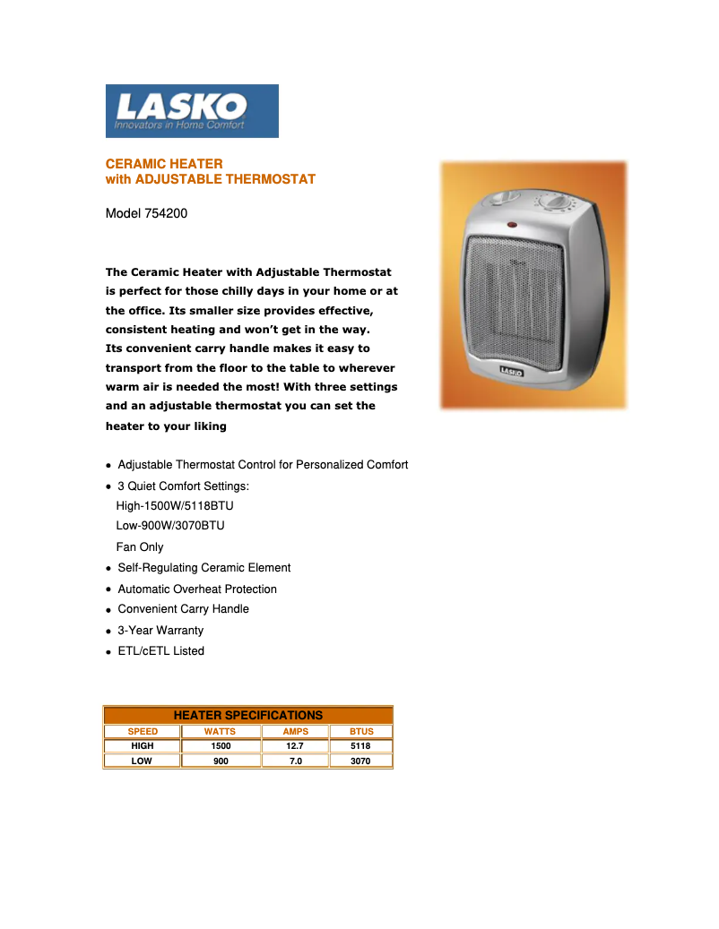 Page 1 de la notice Fiche technique Lasko 754200