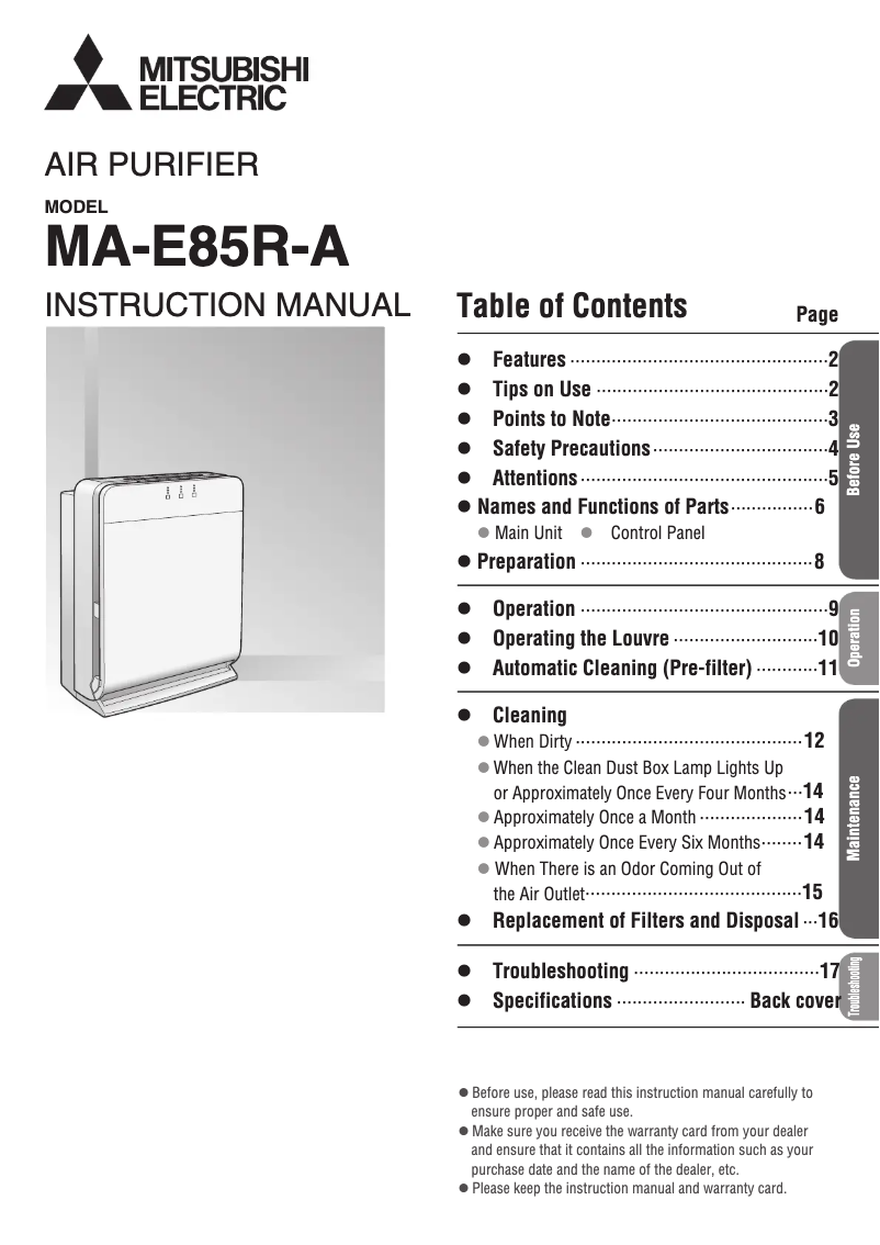Page 1 de la notice Manuel utilisateur Mitsubishi MA-E85R-A