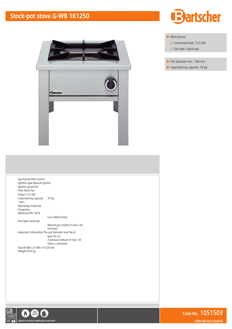 Page n°1 - Fiche technique Bartscher G-WB 1K1250