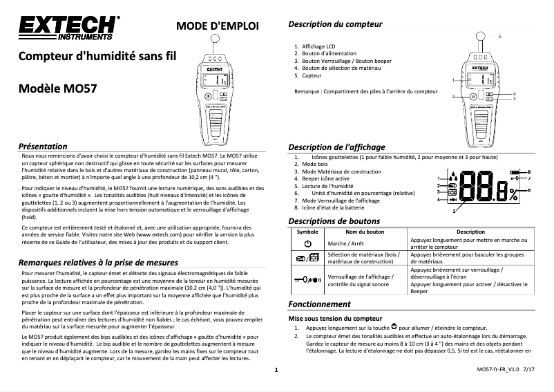 Page 1 de la notice Manuel utilisateur Extech MO57
