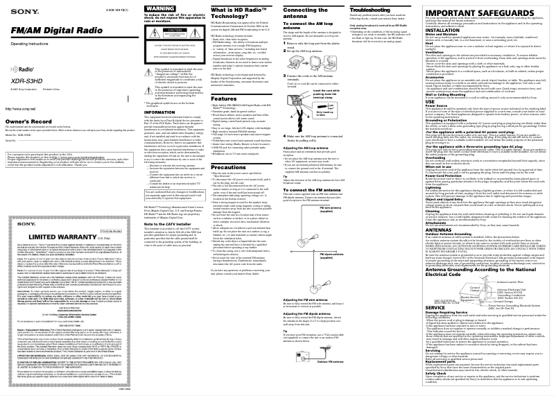 Page 1 de la notice Manuel utilisateur Sony XDR-S3HD