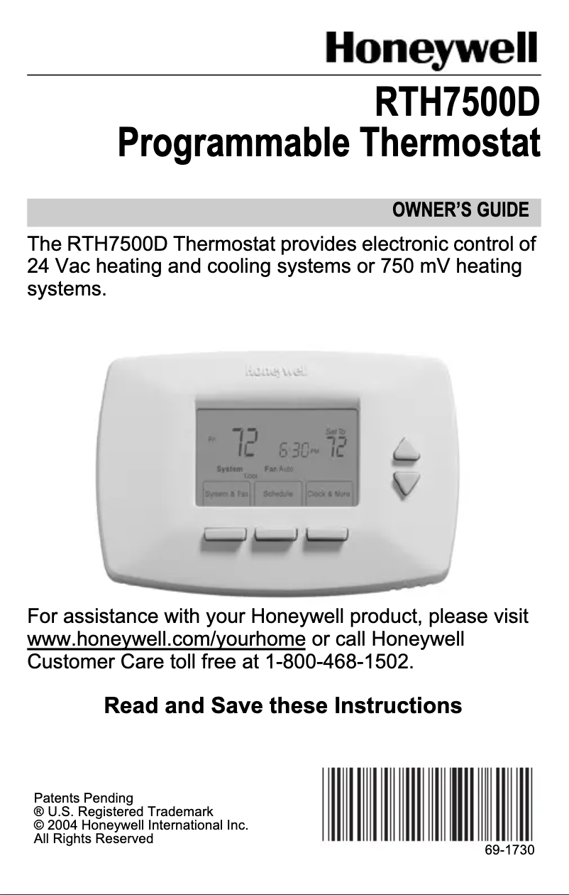 Page 1 de la notice Manuel utilisateur Honeywell Vision - RTH7500D