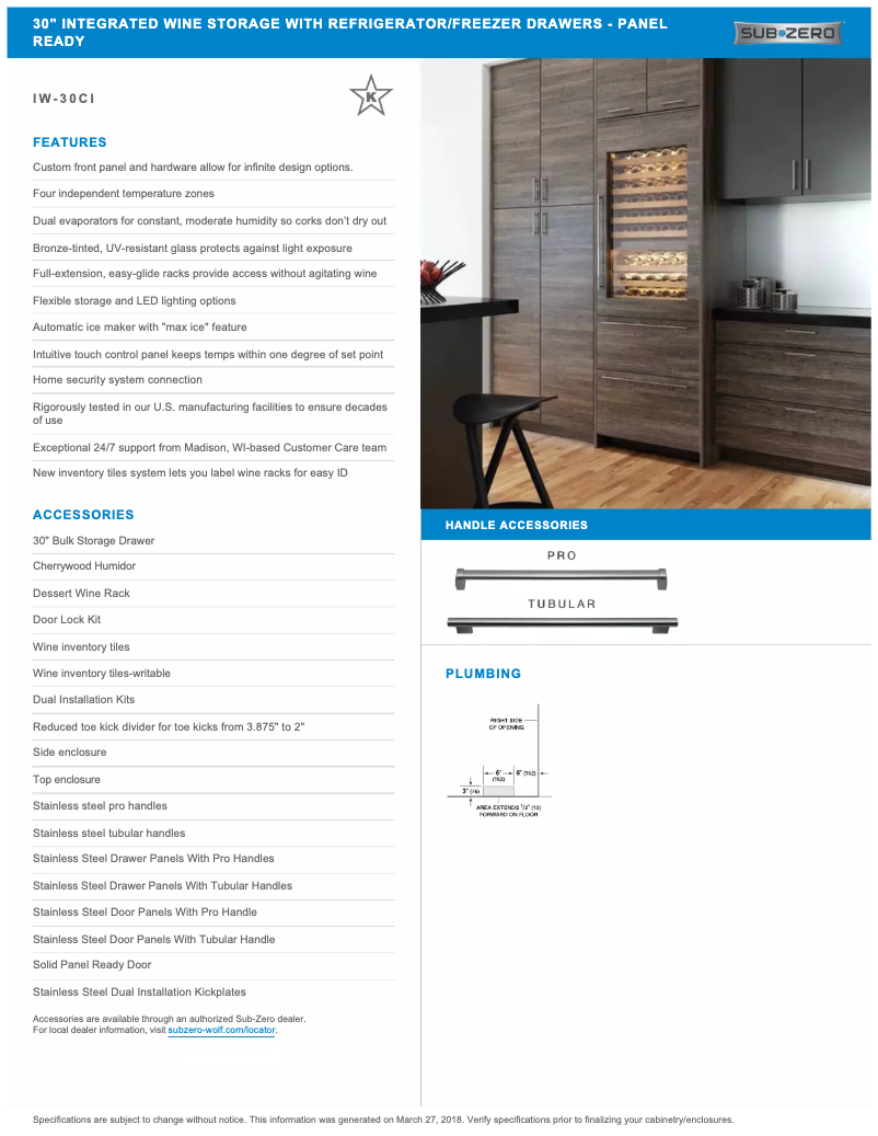 Page n°1 - Fiche technique Sub-Zero IW-30CI-RH