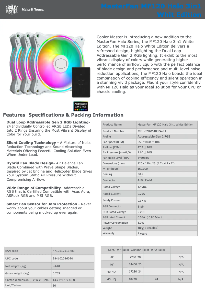 Page 1 de la notice Fiche technique Cooler Master MasterFan MF120 Halo