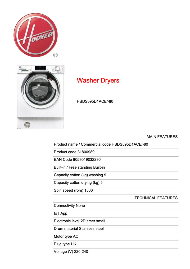 Página 1 del manual Ficha técnica Hoover H-WASH 300 LITE HBDS595D1ACE/-80