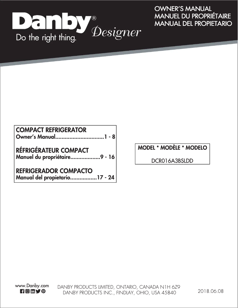 Page 1 de la notice Manuel utilisateur Danby DCR016A3BSLDD
