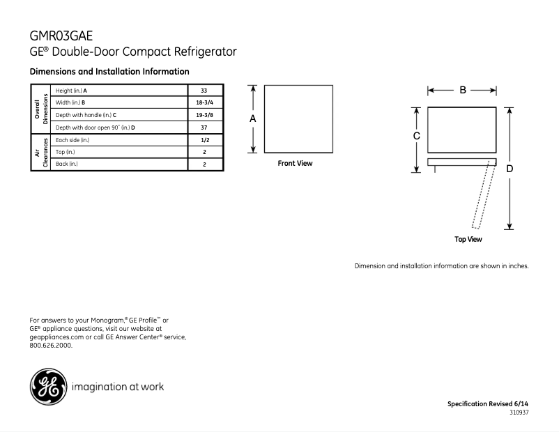 Page 1 de la notice Fiche technique GE GMR03GAEBB