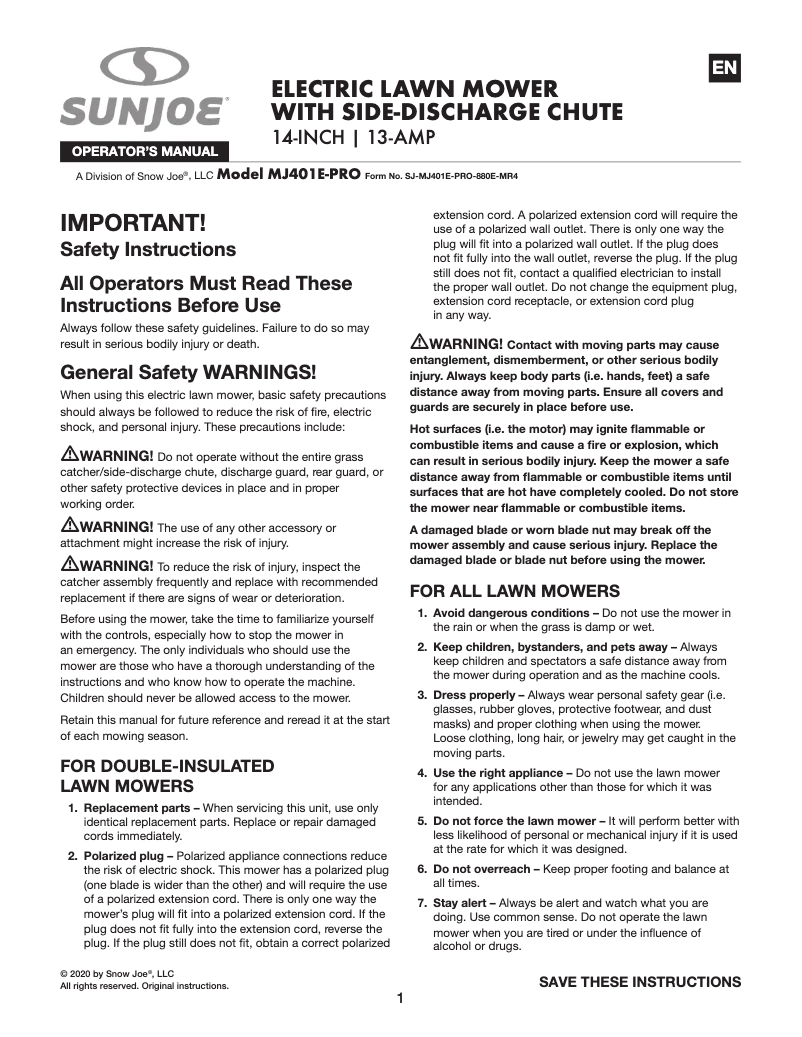 Page 1 de la notice Manuel utilisateur Sun Joe MJ401E-PRO