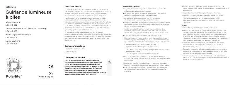 Page 1 de la notice Manuel utilisateur Polarlite LBA-03-004