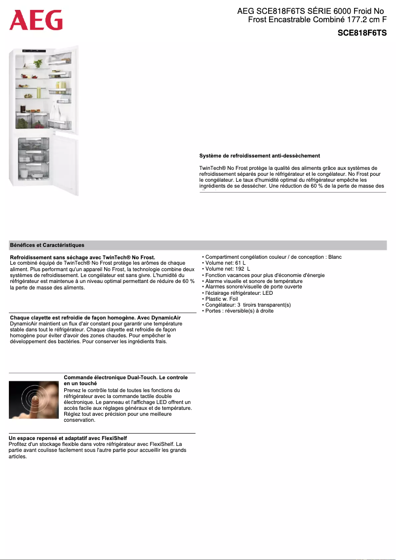 Page 1 de la notice Fiche technique AEG SCE818F6TS