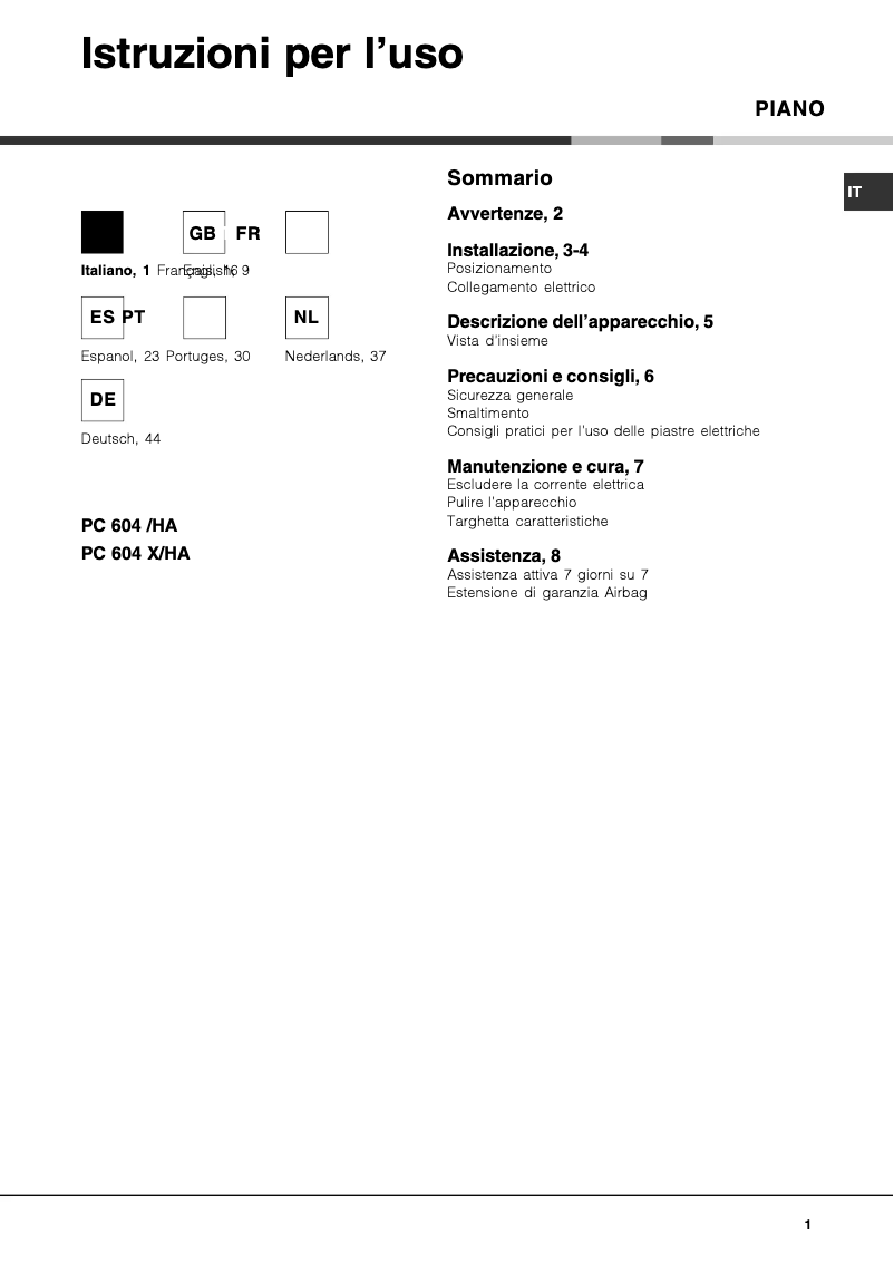 Page n°1 - Manuel utilisateur Hotpoint Ariston PC 604 X /HA