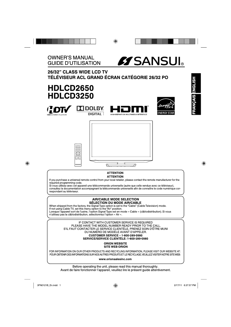 Page 1 de la notice Manuel utilisateur Sansui HDLCD3250