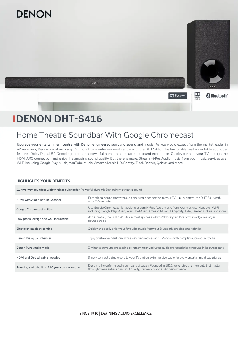 Page 1 de la notice Fiche technique Denon DHT-S416
