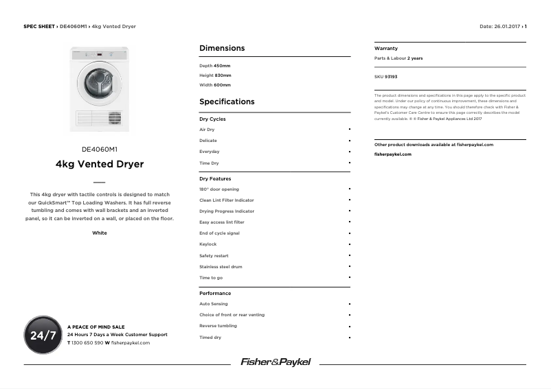 Page 1 de la notice Fiche technique Fisher & Paykel DE4060M1