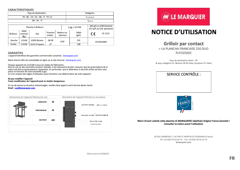 Page n°1 - Manuel utilisateur Le Marquier PLFO250DC