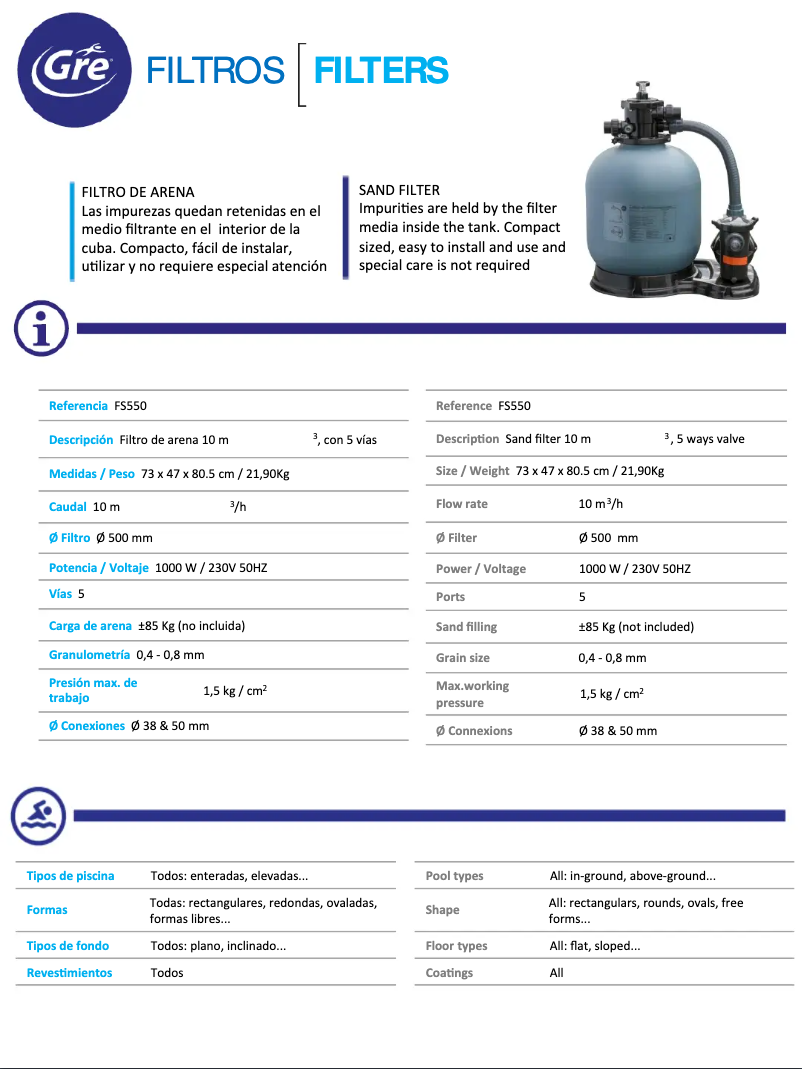 Página 1 del manual Ficha técnica Gre FS550