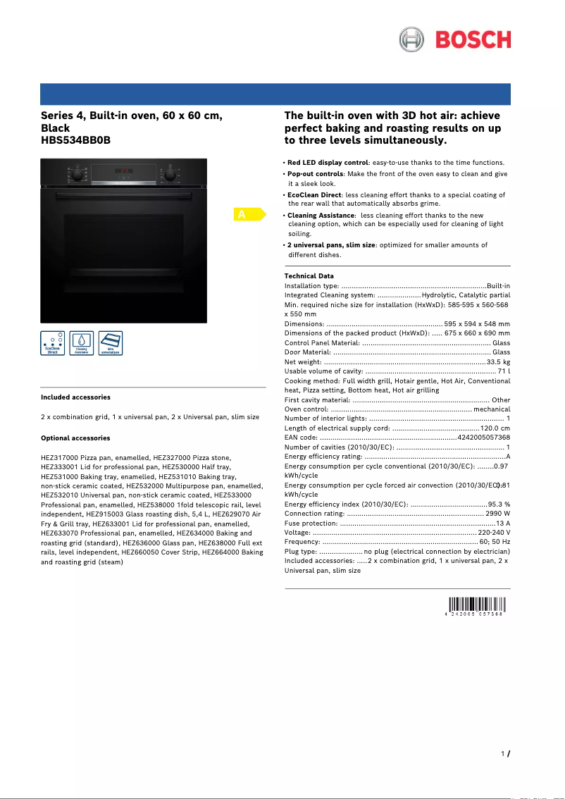 Page 1 of the manual Technical Sheet Bosch Serie 4 HBS534BB0B