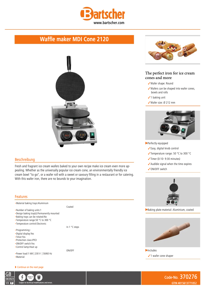 Page 1 de la notice Fiche technique Bartscher MDI Cone 2120