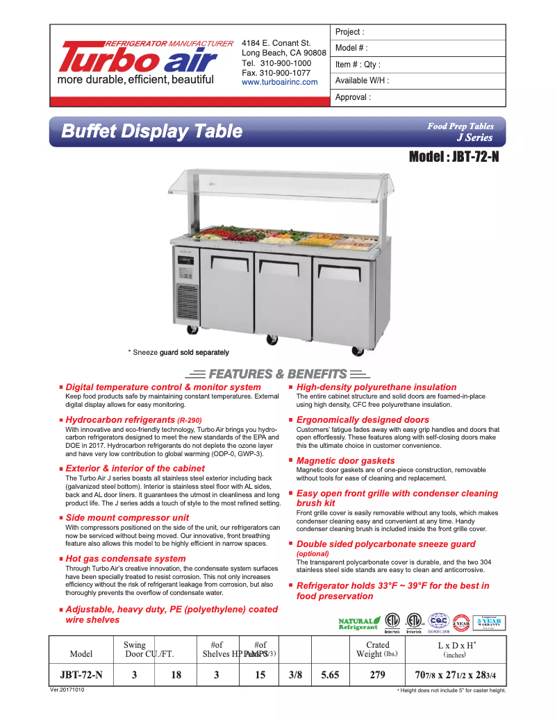 Page 1 de la notice Fiche technique Turbo air JBT-72