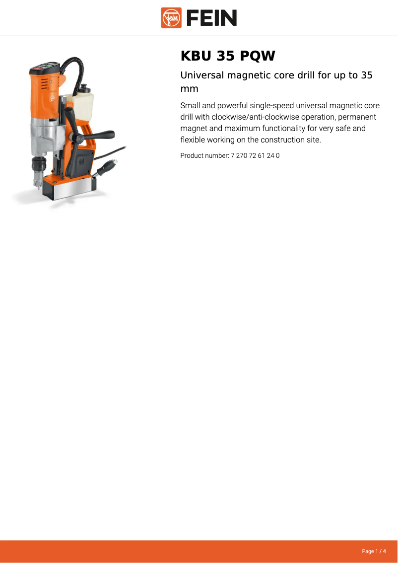 Page 1 de la notice Fiche technique Fein KBU 35 PQW