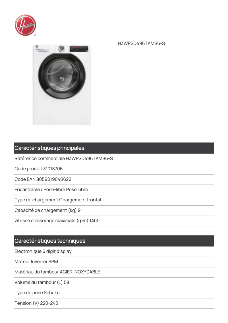 Page n°1 - Fiche technique Hoover H3WPS6106TAMB-S