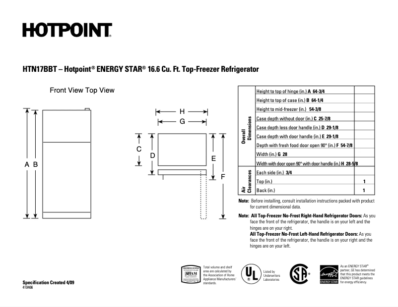 Page 1 de la notice Fiche technique Hotpoint HTN17BBTLWW