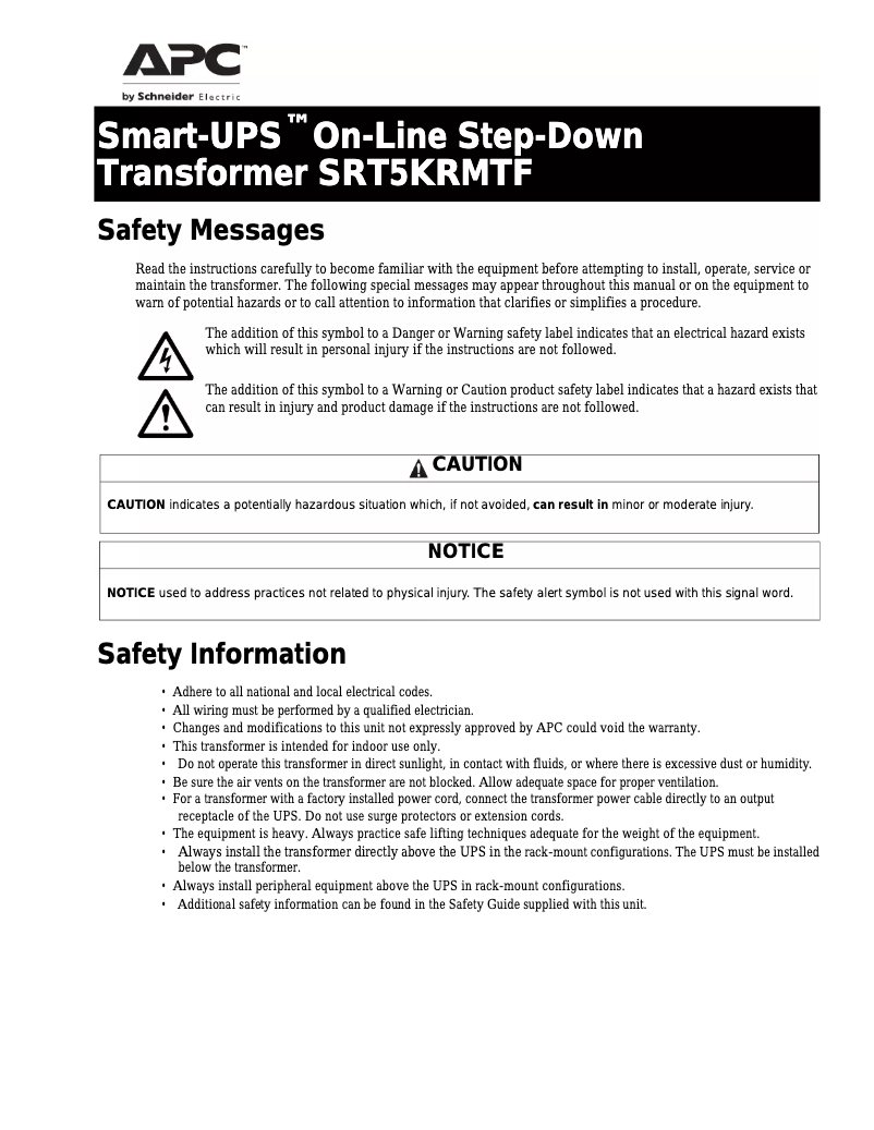 Imagen de la primera página del manual del dispositivo Smart-UPS 5kVA Step-Down Transformer